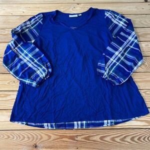 NEW Belle By Kim Gravel Woven Sleeve Mixed Media Top Size Large Women’s Blue